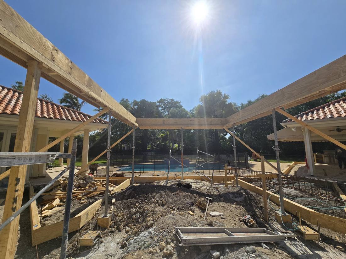 Timber framing around a pool deck