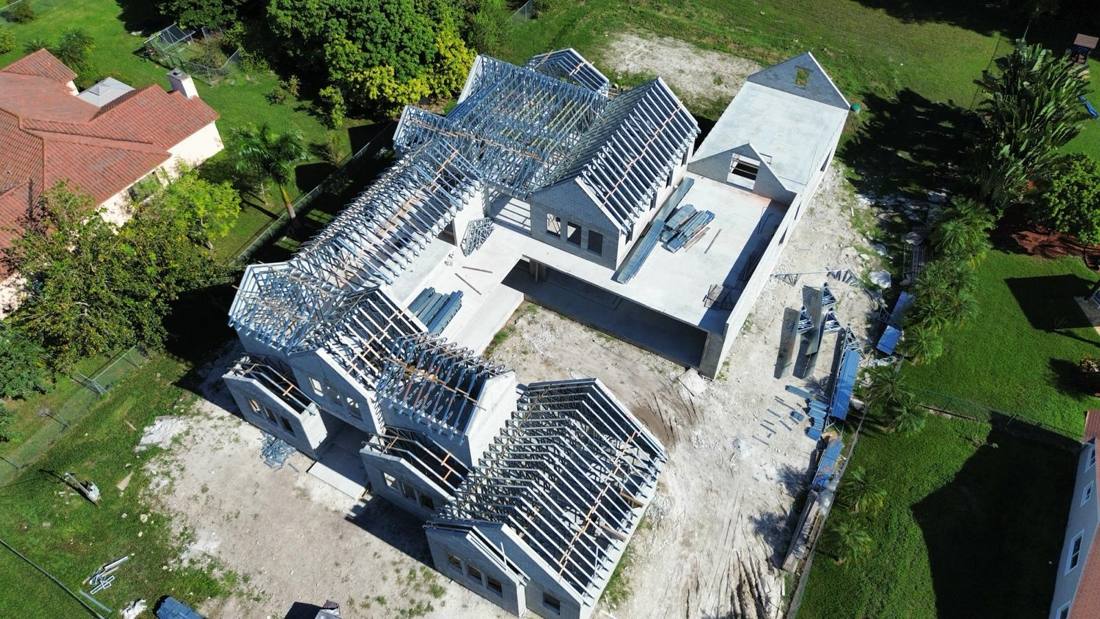 Light-gauge steel roof framing, from above